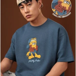 Men Embroidered Round Neck Pure Cotton Blue T-Shirt