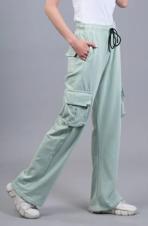 Women Premium Terry Cargo Pants - Mint Green